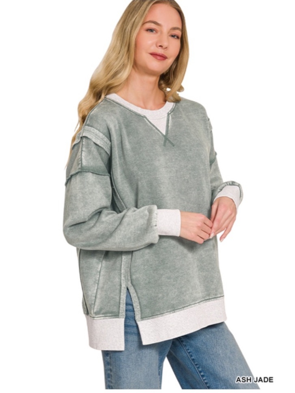 Zenana Outfitters Ash Jade Washed Pullover Sweatshirt with Contrast Trim